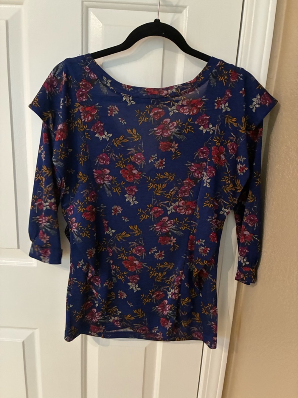 Free People Navy Floral Boatneck Long Sleeve Top